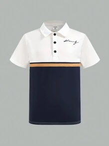 Tween Boys Casual Versatile Comfortable Letter & Graphic Print Color Block Polo Collar Half-Zip Short Sleeve Knit Top - Multicolor - View 2