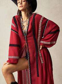 Bohemela Áo tunic dài tay dáng rộng, màu trơn, chất liệu dệt kim, phong cách boho, thích hợp cho kỳ nghỉ biển, dành cho phụ nữ yêu thích phong cách boho. - Đỏ - Xem 3