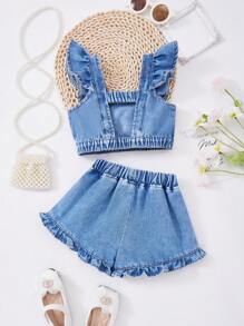 SHEIN 2 Stück/Set 2025 Neue Baby Mädchen Blaue Denim Volantärmel Oberteil und Shorts Set