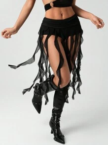 SHEIN ICON Women's Asymmetrical Mesh Scarf Draped Asymmetrical High Slit Low Waisted Black Skirt - Black - View 3