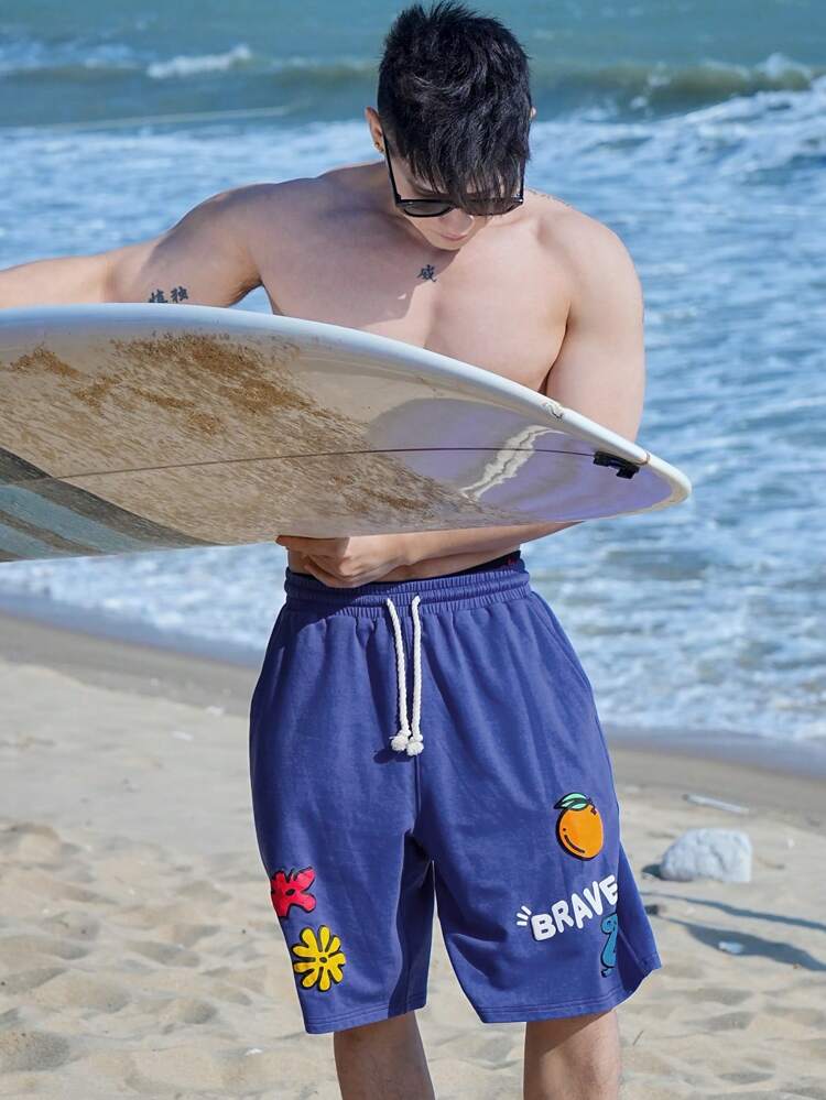 Men's Blue Letter Print Beach Shorts, Summer Holiday