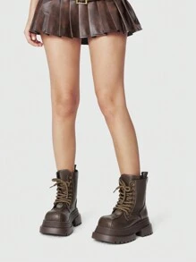 ROMWE Grunge Punk 女士棕色摇滚朋克哥特式厚底踝靴，系带后拉链，前卫摩托车靴 - 棕色 - 查看 2