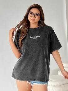 SHEIN EZwear Maglietta estiva casual con stampa di lettere, girocollo, manica corta, taglie comode - nero - Visualizzare 3