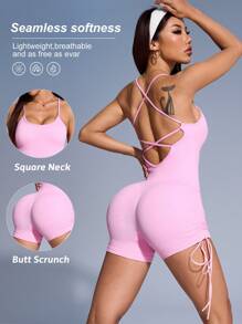 Slayform 女士抽绳性感细肩带露背运动连体裤，适合瑜伽健身房锻炼