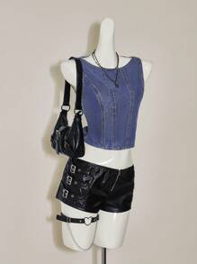 SHEIN ICON 女士无袖性感露背系带 Y2K 蝴蝶结牛仔短款上衣 - 彩色 - 查看 9