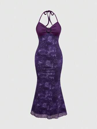Fairycore Vestido camiseta sin espalda estilo hippie de verano con estampado retro morado y bajo asimétrico