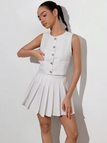 Aveloria Affinna Conjunto de traje de mujer de estilo simple de moda con chaleco corto con botones al estilo chic francés campus combinado con falda mini plisada de cintura alta formando un conjunto de tweed - Blanco - Ver 5
