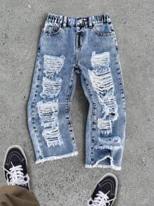 SHEIN Young Boy Distressed Stonewashed Ripped Frayed Loose Fit Blue Denim Jeans, For Kids Spring/Summer - Light Wash - View 3
