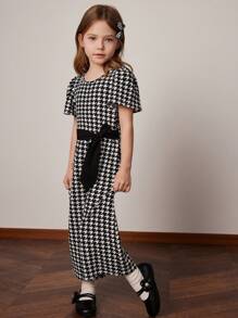 PrepCrw 年轻女孩春夏学院风黑白千鸟格针织泡泡袖圆领连体裤 - 黑與白 - 查看 5