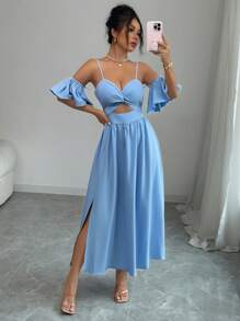 Calvaya Fashionable All-Match Sleeveless Twist Hollow Waist Ruffle Hem Slit Dress For Women