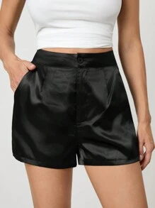 SHEIN Tall Women Solid Color Pleated Loose Casual Versatile Shorts - Black - View 5