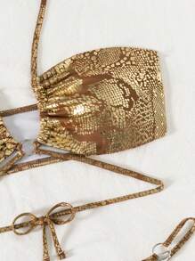 Swim SXY 2 件套女士性感蛇皮印花深 V 领露背系带比基尼泳装，适合夏季海滩度假