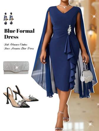 Fleurora 大码女式优雅斗篷结构蓝色透视正式晚礼服秋季女装四季蓝色连衣裙