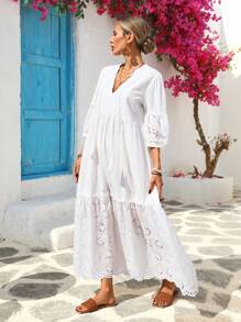 Vivid Eden Damen V-Ausschnitt Fransen-Seil Patchwork Stickerei strukturierter Stoff A-Linie Urlaubskleid