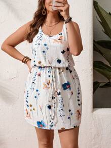 SHEIN LUNE Plus-Size Women'SSummer Outfits For Women Flower Print Knitted Fabric Crew-Neck Sleeveless Dress Boho/Bohemian,Holiday Outfits,Resort Dresses,  Outdoor Essential For Daily Wear Sundress