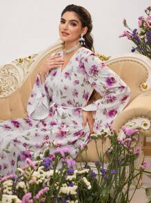 Al Najma 女士浪漫粉色花卉印花撞色蕾丝长袖喇叭袖阿拉伯传统连衣裙春季情人节花卉连衣裙女士、卡夫坦和贾拉比亚 - 珊瑚粉 - 查看 1