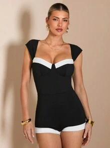 SHEIN BAE Women's Elegant Vacation Party Outfit, Black & White Contrast Color Block Turtleneck & Jumpsuit Jumpsuit, Suitable For Romantic Dates, Gatherings With Friends, Vacation Activities, Cocktail Parties - Black and White - View 5