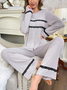 Women Lace Splice Open Front Pajama Set - Light Grey - View 4