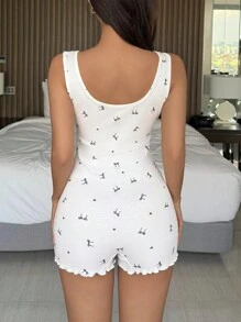 DAZY 女士蝴蝶结印花修身短款连体睡衣 - 白色 - 查看 2