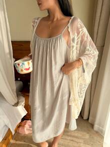 DAZY 2pcs Women Loose Lace Pajama Set, Fall Winter Clothes - Apricot - View 5