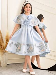 SHEIN Tween Girls Elegant Floral 2 Pieces Set: Dress With Detachable Cloak - Blue - View 4