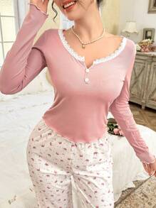 CottageSlumber Crown Print Contrast Color Lace Trim Button-Up Collar Long Sleeve Sleepwear Shirt And Long Pants Set For Women Holiday Season, Vacation