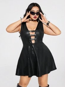 SHEIN ICON 加大码黑色蛇皮纹理深 V 领收腰 A 字形连衣裙性感 Y2K 露背迷你连衣裙朋克哥特 PU 皮革连衣裙