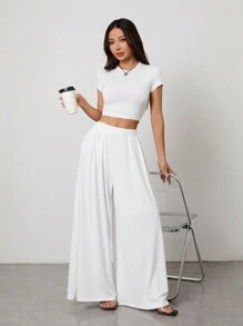 SHEIN PETITE Solid Color Short Sleeve T-Shirt And Wide Leg Pants Set, Minimalist Fashion Casual Daily Wear