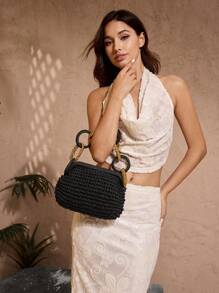 SHEIN VCAY Women's Fashion Bohemian Style Straw Tote Bag, Suitable For Travel