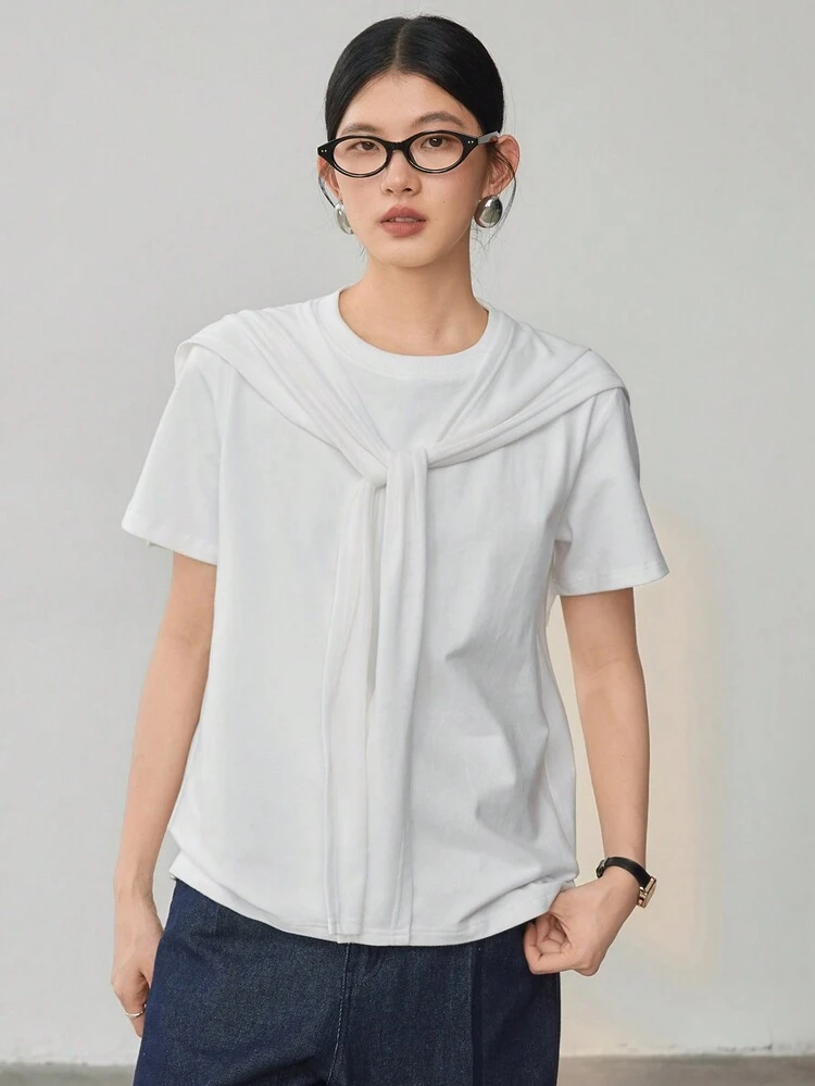 Business Casual Office Wear Shawl Decor Ensemble, Minimalist Women Short Sleeve T-Shirt Summer
