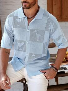 Manfinity Homme Blusa de malha masculina com estampa de taça de vinho, abotoamento simples, manga curta, camisas de verão para homens, camisas casuais - Baby Azul - Ver 4