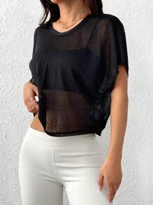 Easithlete Sexy Solid Color Sheer Backless Short Sleeve Sports T-Shirt - Black - View 4