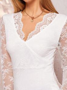 SHEIN Clasi Women's Elegant Floral Lace Sexy Knitted Ruffle Collar V-Neck Slim Fit Long Sleeve Regular Sweater Top