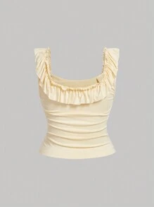 SHEIN MOD Plus Size Apricot Cute Girl Ruffle Trim Top.Beacht Top - Apricot - View 2
