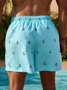 Manfinity KASUA Quần short đi biển cạp rút họa tiết mỏ neo cho nam, phong cách Hawaii - Màu xanh lam - Xem 2