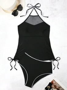 Swim Lushoire 新品上市欧美风格性感对比色边饰对比色网眼分体式两件套泳衣，适合夏季海滩度假