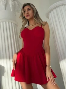 Aloruh Vestido mini rojo elegante con tirantes recogidos, romántico para una cita, para el Día de San Valentín