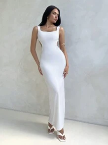Aloruh Women's Vacation Sexy Bowknot Backless High Slit Dress, With Metal Ring Decor, White