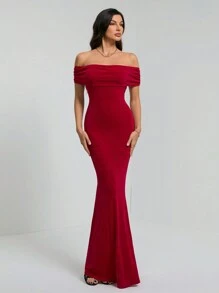 SHEIN Tall Summer Women's Solid Color One-Shoulder Sexy See-Through Elegant Fishtail Backless Tight Graduation Dress Long Skirt