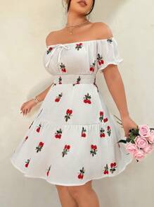 SHEIN Clasi Vestido de fiesta con bordado de cerezas, hombros descubiertos, mangas abullonadas y cintura ceñida, para mujer tallas grandes, ideal para el Día de San Valentín - Blanco - Ver 4