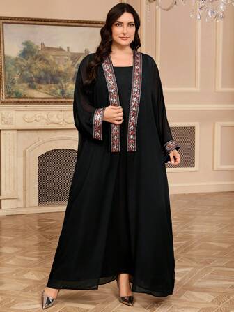 Al Najma Plus Size Women's Sequin Ribbon Detail Jacket & Dress Arabic-Style Set