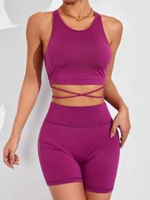 SHEIN Sports Women's Solid Color Round Neck Camisole And Shorts Sports Suit - Red Violet - View 4