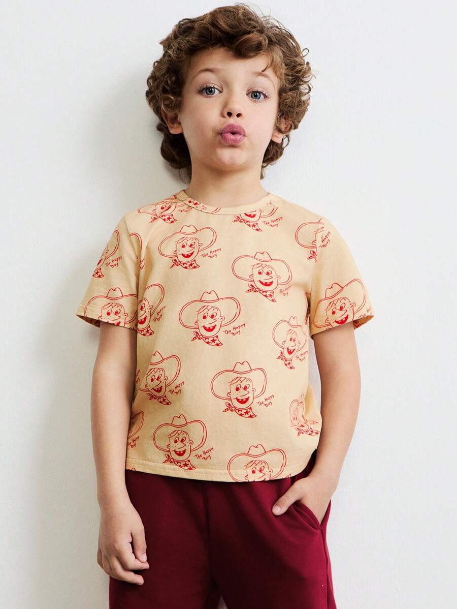 SHEIN Boys Cute Portrait Print Loose Fit Crew Neck Short Sleeve Knitted T-Shirt And Elastic Waist Drawstring Red Sweatpants Set - Khaki - View 1