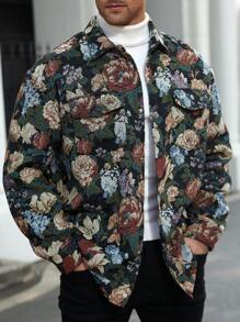 Manfinity Homme Plus Size Men's Floral Jacquard Pattern Single Breasted Long Sleeve Jacket
