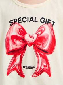 SHEIN Young Girls' Oversized Crew Neck Bow & Heart Print Pullover T-Shirt, Loose Fit, For Valentine's Day, Spring - Beige - View 7