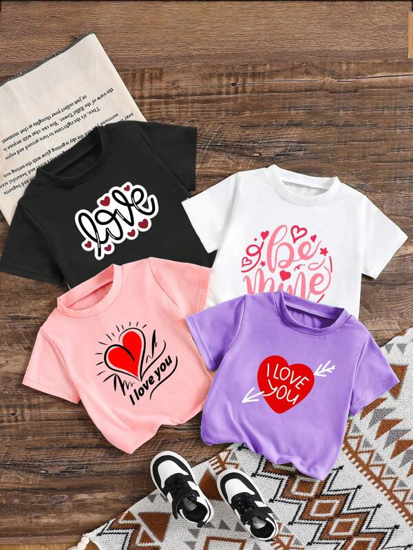 Camiseta informal y cómoda con cuello redondo y estampado de corazones para niñas, de moda