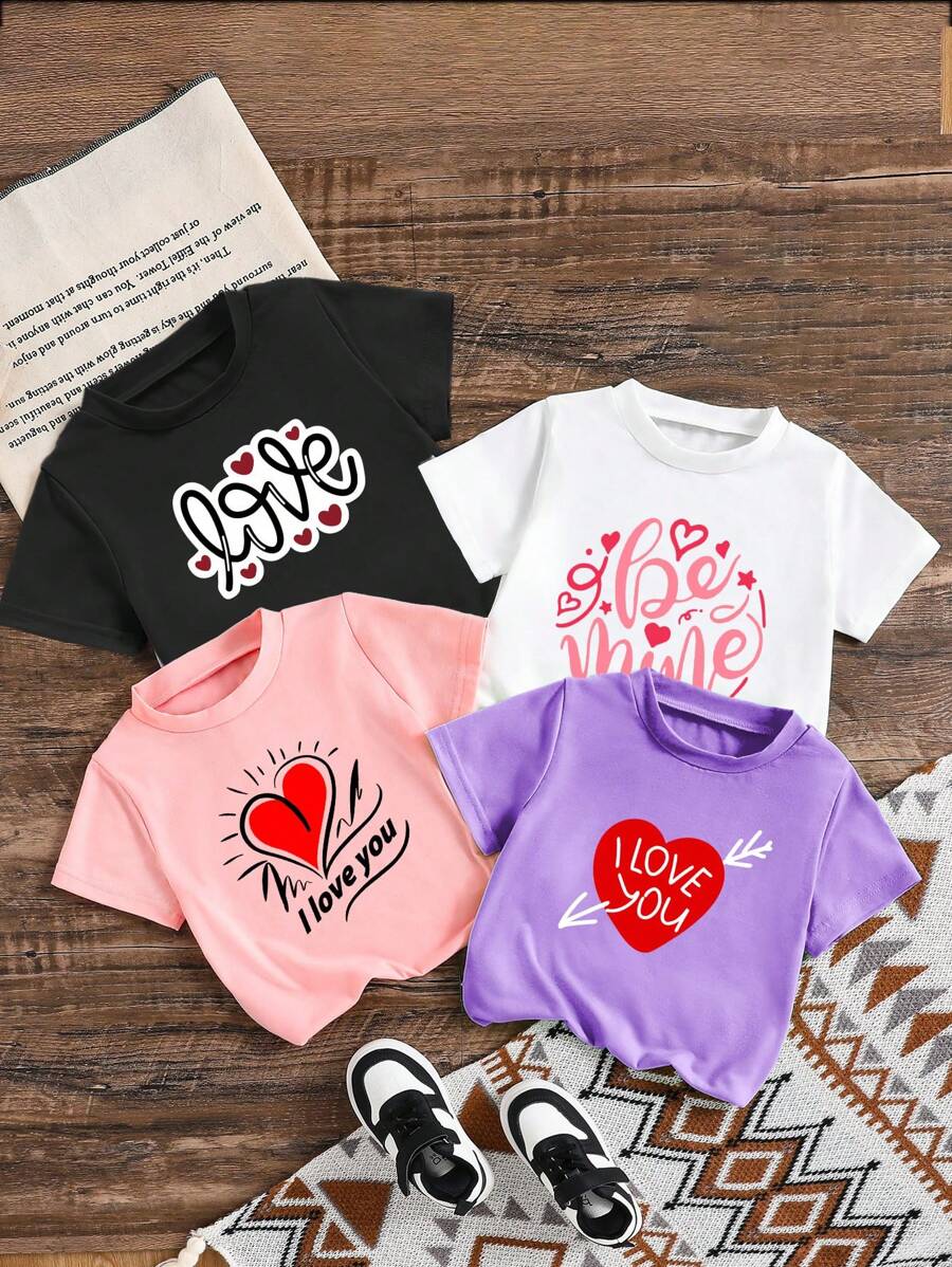 Girls' Casual Comfortable Heart Print Round Neck T-Shirt, Fashion - White - View 1