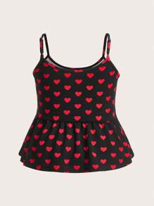 SHEIN EZwear Top camiseta sin mangas con volantes y estampado de corazón para San Valentín para mujer talla grande en verano