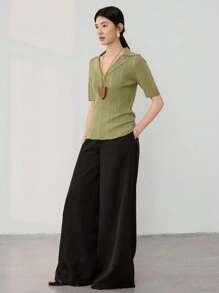 DAZY Women V-Neck Slim Fit Solid Color Casual Knit Top Business Casual Women - Mustard Yellow - View 2