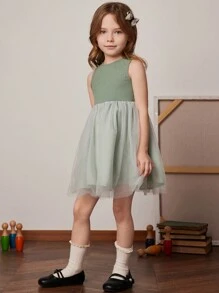 PrepCrw Vestido de punto verde con malla de contraste, estilo academia, para niñas, primavera/verano